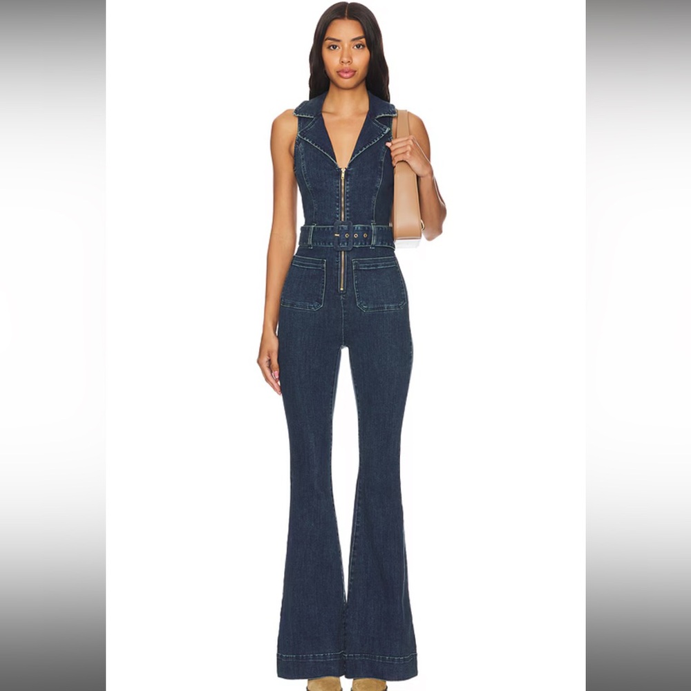 Show Me Your MuMu Dark Indigo Sleeveless Zip-Front Belted Jumpsuit